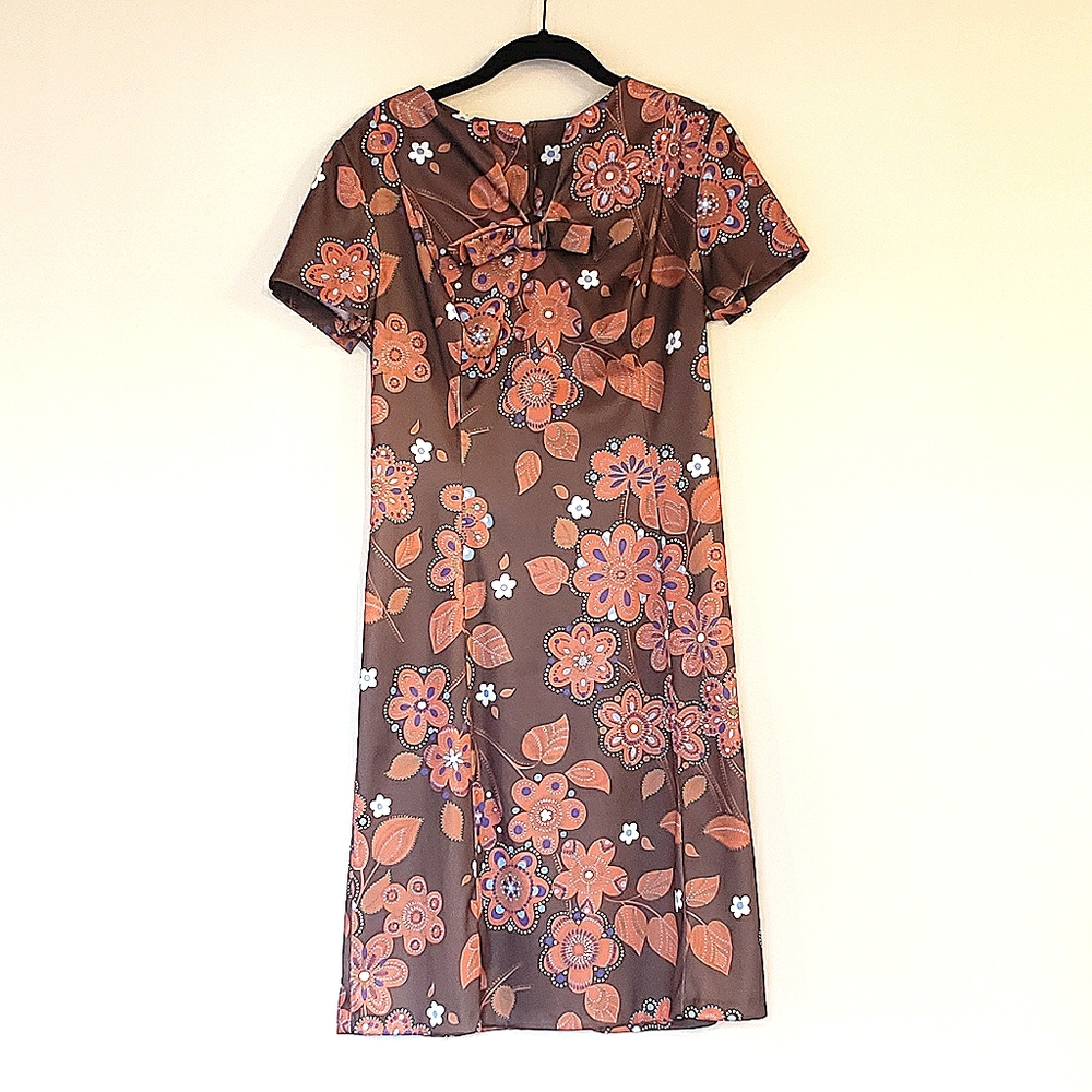 1960s rust orange flower power wiggle dress